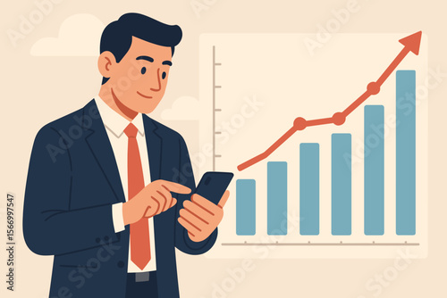 Businessman analyzing sales data, financial report on smartphone. Manager looking at economic growth graph chart. Business success, investment profit, stock market concept. Vector