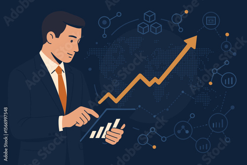Businessman analyzing data on tablet. Economic growth graph. Global business strategy. Finance and investment concept. Stock market chart. Blockchain technology. World map. Vector.