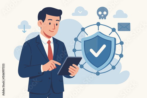 Cybersecurity concept. Businessman with tablet managing network security and data protection. Shield guard protects from cyber attacks, viruses, phishing, and malware. Flat cartoon vector.