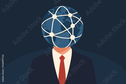 Global business network connection concept. Businessman with earth globe head and network nodes. Metaphor for international communication, modern technology, and globalization strategy.
