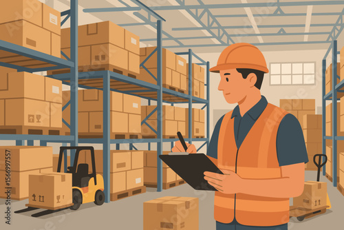 Warehouse worker with clipboard checking inventory. Logistics and shipping industry concept with man in hard hat, cargo boxes on shelves, and forklift. Supply chain management vector.