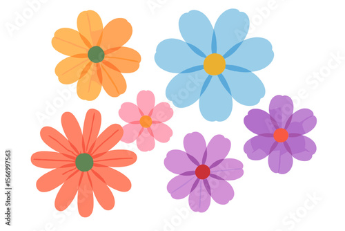 Colorful flower set with transparent overlapping petals. Modern flat vector cartoon illustration. Collection of simple, cute floral icons or decorative elements for spring design.
