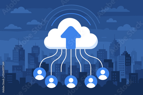 Cloud computing and social network concept. Users upload data to cloud storage. Wireless technology and global network connection. Smart city background. Digital server for data sharing.