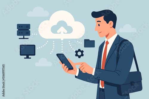 Cloud computing technology. Businessman working with smartphone, synchronizing files with online storage server. Remote access, data management, and hosting service. Flat vector illustration.