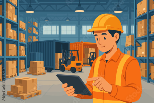 Warehouse manager using tablet for inventory control in a large distribution center. Logistics and supply chain concept with forklift loading cargo into a shipping container.