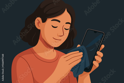 Woman cleaning smartphone screen with microfiber cloth. Concept of personal hygiene, device care, and maintenance. Wiping a dirty phone display. Modern flat vector cartoon illustration.