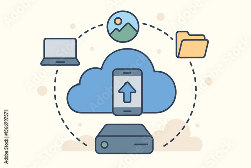 Cloud computing technology concept. Vector illustration of online storage, data backup, and file synchronization. Digital information transfer between laptop, phone, and server.