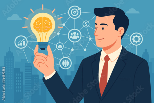 Business idea creativity concept. Businessman holding light bulb with brain. Innovation and solution metaphor. Marketing strategy, finance, global network icons. Modern flat vector.