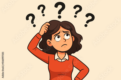 Confused woman thinking with question marks above her head. Puzzled cartoon character scratching head, looking for an answer to a problem. Concept of doubt, challenge, uncertainty, seeking a solution.