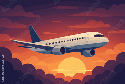 Airplane flying above clouds at sunset. Commercial passenger jet in flight. Travel and transport concept. Air travel journey background. Modern flat cartoon vector illustration.