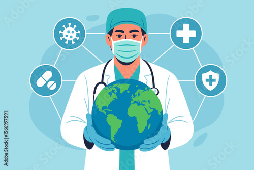 Doctor holding Earth globe. Global healthcare and pandemic protection concept. Medical worker in face mask fighting virus outbreak with a network of health, medicine, and care icons.