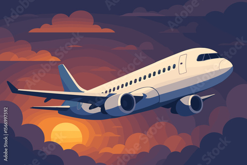 Commercial airplane flying in a purple sunset sky with clouds. Modern flat vector cartoon illustration of a passenger jet on a journey. Air travel, transport, and vacation concept.