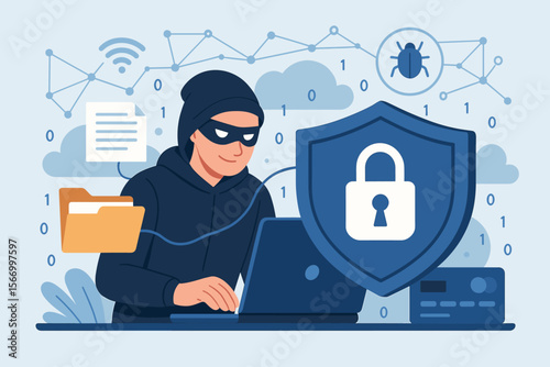Hacker with laptop stealing personal data and financial information. Cyber security and internet privacy concept. Phishing attack, malware, virus, cybercrime, and network security.