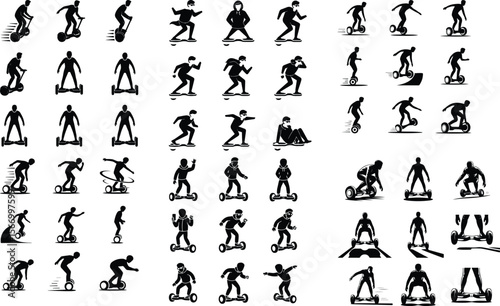 Person on Hoverboard Icons – Black Silhouette Vector Pack Hoverboard Rider Silhouette Set – Modern Transport Icon Collection
