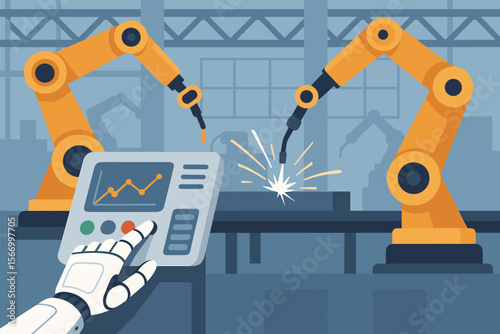 Robot hand working on control panel in intelligent factory. Checking and controlling automation robot arms machine. Welding robotics and digital manufacturing system. Industry 4.0.