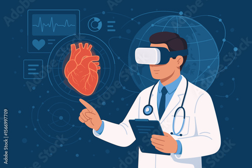 Cardiologist Doctor Using VR Headset for Virtual Heart Diagnosis, Holographic 3D Heart Model, Medical Innovation, Digital Healthcare Technology, Patient Data Analysis, Futuristic Medicine Concept