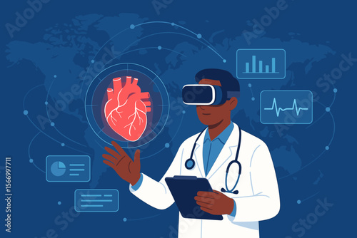 Cardiologist Doctor Using VR Headset for Virtual Heart Diagnosis, Holographic 3D Heart, Medical Innovation, Digital Healthcare Data Analysis, Futuristic Medicine Technology Concept