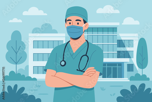 Professional medical doctor or surgeon in scrubs with stethoscope standing confidently arms crossed outside modern hospital building. Healthcare staff, emergency room, medical team vector illustration