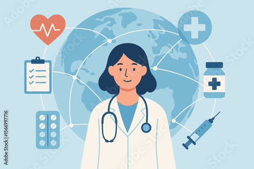Global Healthcare Network Concept. Female Doctor with Stethoscope. Medical Services, Telemedicine, Digital Health, Medicine, Prescription, Vaccination, Heart, Pills, Syringe, World Map