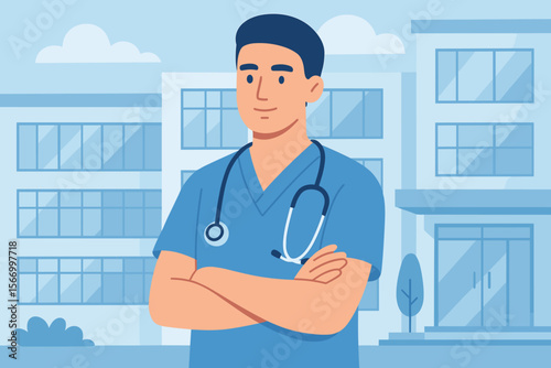 Confident medical doctor in blue scrubs with stethoscope standing arms crossed outside modern hospital building. Healthcare professional, emergency room surgeon, hospital staff vector illustration