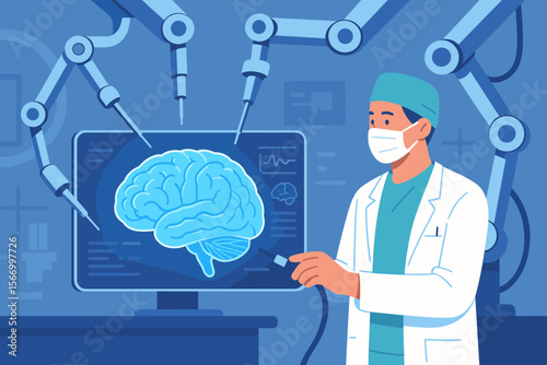 Advanced medical technology in healthcare, surgeon using robotic arms and AI to analyze human brain, neurosurgery innovation, precision medicine, digital diagnostics, hospital operation room