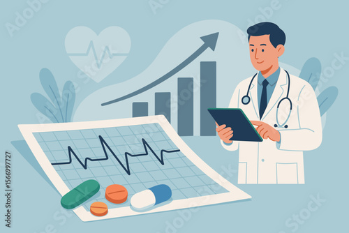 Modern healthcare business growth concept with doctor using tablet, stethoscope, heartbeat ECG report, prescription pills, rising bar graph, medical technology, digital health innovation