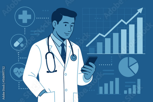 Medical Doctor Using Smartphone with Growth Charts, Digital Healthcare Data Analytics, Investment, Social Network, Medicine Technology, Modern Hospital Business, Innovation Concept