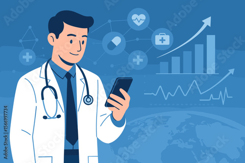 Medical doctor using smartphone with digital healthcare data, business growth graphs, global health network, telemedicine, medical technology, investment, innovation, and social connection concept