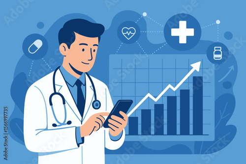 Medical doctor analyzing healthcare business growth data on smartphone, digital health technology, investment, social network, medical statistics, innovation, modern medicine concept