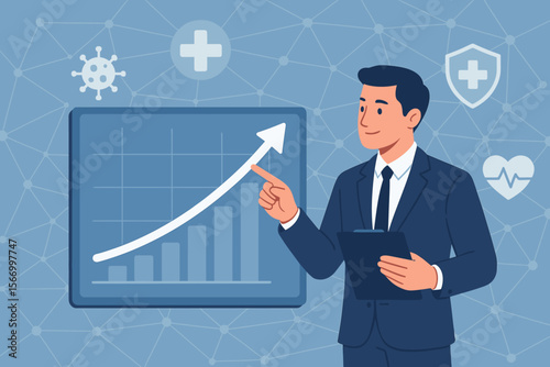 Businessman Analyzing Healthcare Growth Data, Medical Network, Rising Disease Trends, Health Awareness, Graph Chart, Healthcare Industry Progress, Digital Health Analytics, Medical Statistics