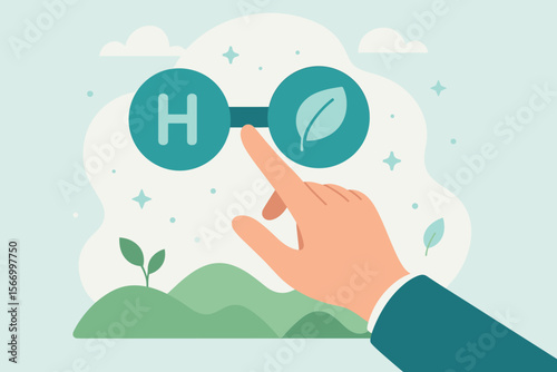 Clean hydrogen energy concept illustration. Eco-friendly fuel innovation, sustainable green technology, renewable resources, environmental protection, hand activating hydrogen molecule, future energy