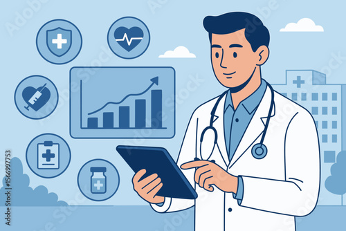Doctor using digital tablet for medical analysis, healthcare business growth, hospital background, health insurance, data chart, modern medicine, clinical technology concept illustration