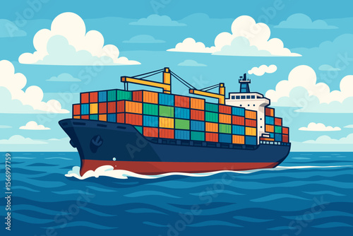 Large container cargo ship transporting colorful shipping containers across open ocean. Maritime freight vessel. Global sea logistics, international trade, commercial shipping vector illustration