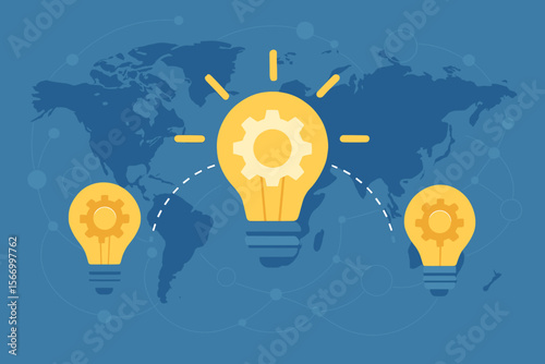 Global Innovation Concept Light Bulbs with Gear Icons, Technology and Business Creativity, Worldwide Networking, New Ideas, Inspiration, Development, Creative Solutions, Digital Transformation