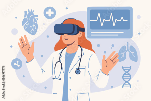 Female doctor using virtual reality headset in healthcare, modern medical technology, digital diagnostics, telemedicine, heart and lung health, DNA analysis, flat vector illustration