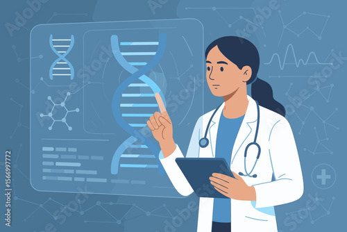 Female doctor analyzing DNA structure and genetic sequencing on digital hologram screen. Molecular biology, biotechnology, genome research, digital healthcare, medical science innovation concept