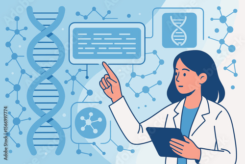 Scientist Analyzing DNA Structure and Molecular Model. Genetic Research, DNA Sequencing, Digital Healthcare, Biotechnology, Laboratory Analysis, Virtual Data Network, Medical Science Concept