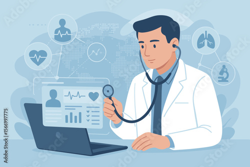 Telemedicine doctor analyzing patient health data online, digital diagnosis, remote medical consultation, stethoscope, virtual healthcare technology, electronic health records interface