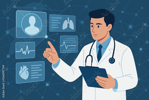 Medical doctor analyzing patient data on digital hologram interface. Modern healthcare technology, electronic health records, telemedicine, diagnosis, network connection, science, virtual screen