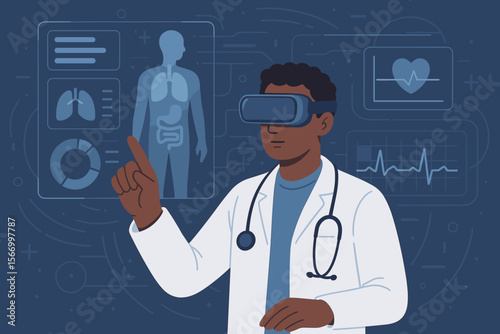 Futuristic doctor using virtual reality headset, analyzing patient health data, digital medical interface, innovative healthcare technology, science, telemedicine, diagnostics, modern medicine concept