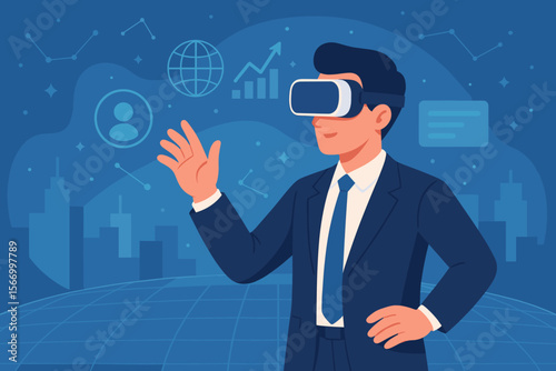 Businessman Using VR Headset in Metaverse Technology Concept, Virtual Reality Augmented Visualization, Futuristic Business World, Digital Transformation, Global Network, Data Analytics