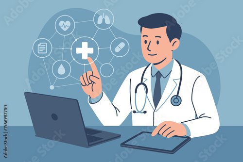 Medical doctor with stethoscope using laptop and tablet, interacting with digital healthcare network icons, modern virtual interface, telemedicine technology, online health consultation concept