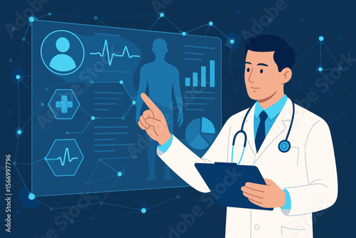 Doctor analyzing patient health data on futuristic digital interface. Medical diagnosis, healthcare technology, telemedicine, electronic health records, data visualization, virtual health network