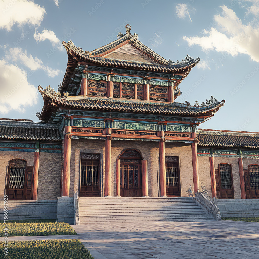 Obraz premium stunning example of Mongolian architecture, this building features intricate designs, vibrant colors, and traditional elements. structure stands majestically against clear sky, its