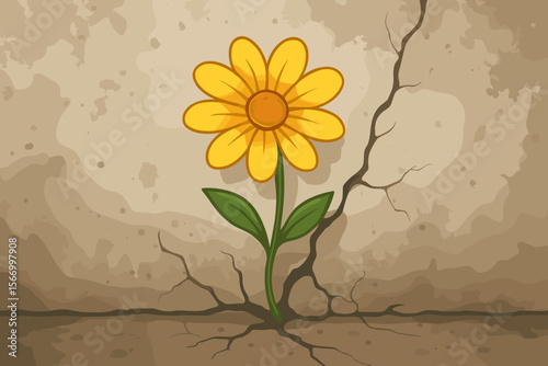 Resilient yellow flower blooming through cracked grunge wall, symbolizing hope, perseverance, strength, survival, optimism, growth in adversity, flat modern cartoon vector illustration