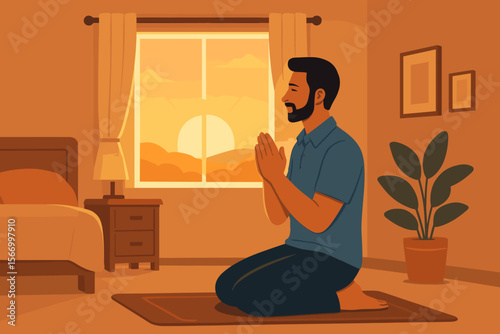 Man praying or meditating in his bedroom at sunrise. Peaceful morning spiritual practice. Concept of faith, devotion, gratitude, mindfulness, hope and starting a new day. Vector.