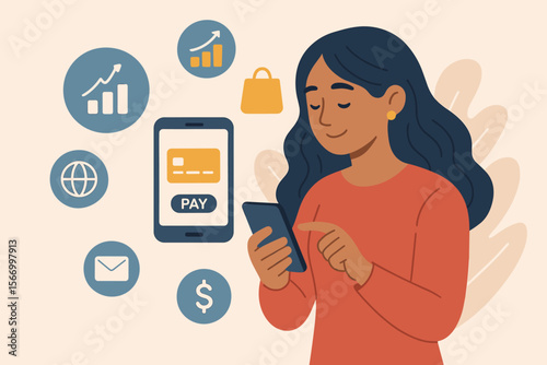 Woman using smartphone for online payment, mobile banking, digital finance, e-commerce shopping, internet money transfer, financial technology, fintech, modern vector illustration