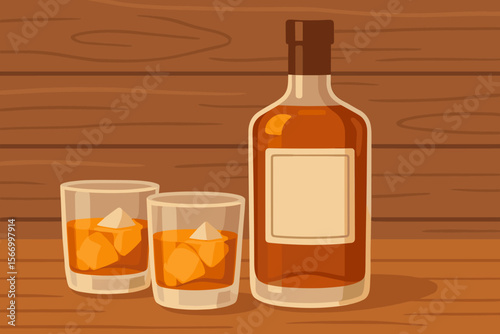 Whiskey Bottle and Two Glasses with Ice on Wooden Table Background. Modern Flat Vector Illustration. Alcoholic Drink, Bar Scene, Beverage Concept, Cozy Atmosphere, Relaxation, Social Gathering
