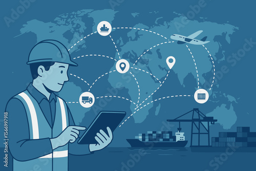 Logistics manager using digital tablet for global supply chain management, smart transportation, import export, container shipping, cargo distribution network, maritime freight, delivery tracking