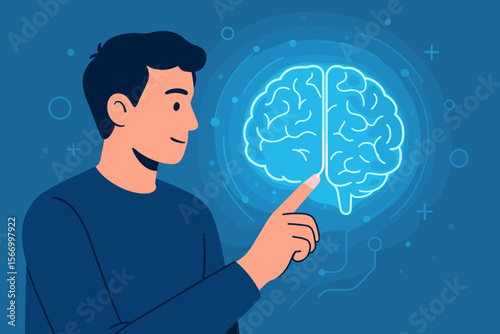 Man touching glowing digital brain. Artificial intelligence concept. Neuroscience, psychology, and mental health metaphor. Human mind and technology interaction with virtual interface.